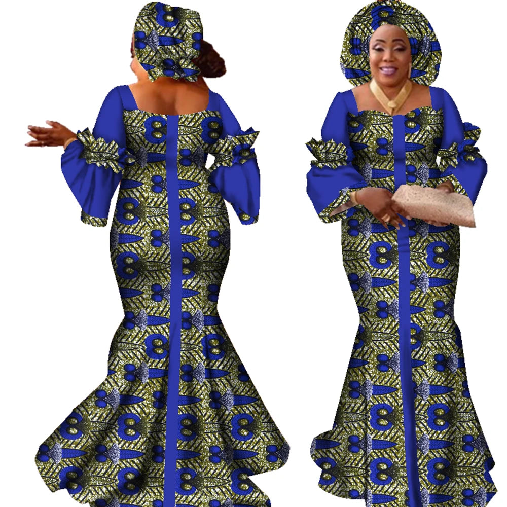 African Dresses for Women Fashion Design New African Bazin Fashion Design Dress Long Dress with Scarf African Clothes WY2347