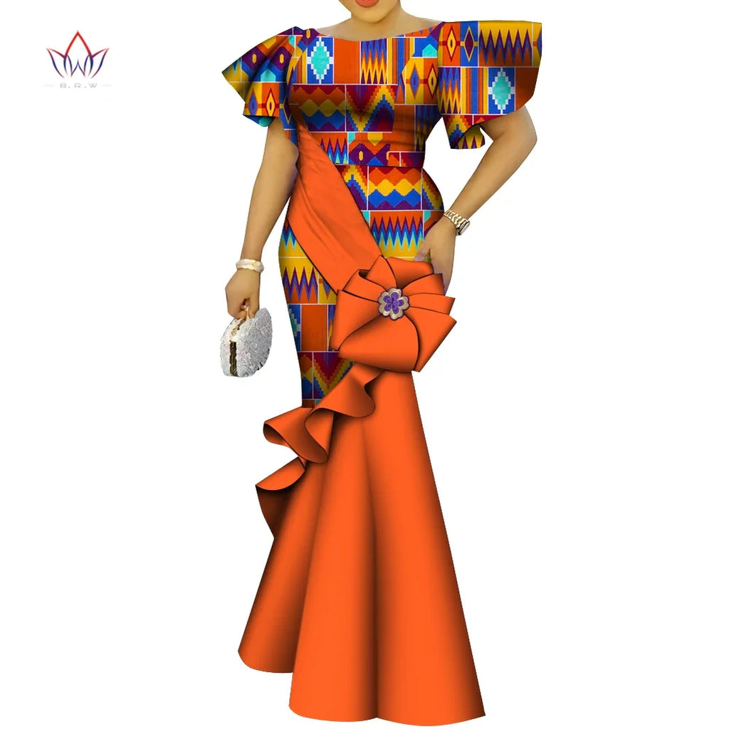 African Women's Dress Elegant Ladies Evening Gowns Ankara Long Robes Flower Dresses Vestidos Church Dresses for Women WY9498