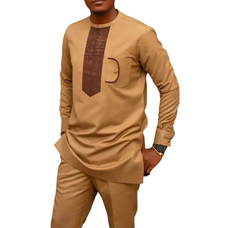 Costume de mariage traditionnel africain musulman pour homme, ensemble 2 pièces, haut à col rond à manches longues et pantalon, tenue formelle pour le marié118