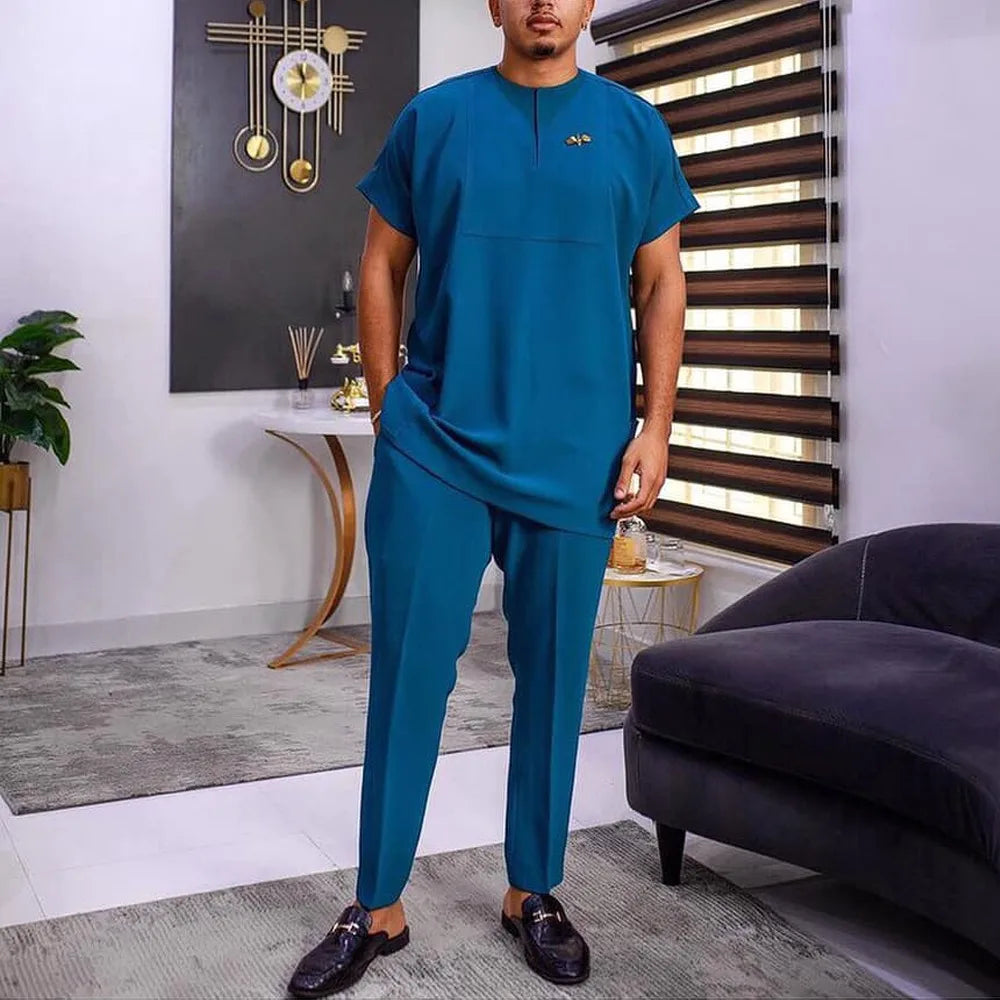 Costume traditionnel africain pour homme, chemise à manches longues de style ethnique imprimée et patchwork, pantalon décontracté, ensemble 2 pièces pour les vacances