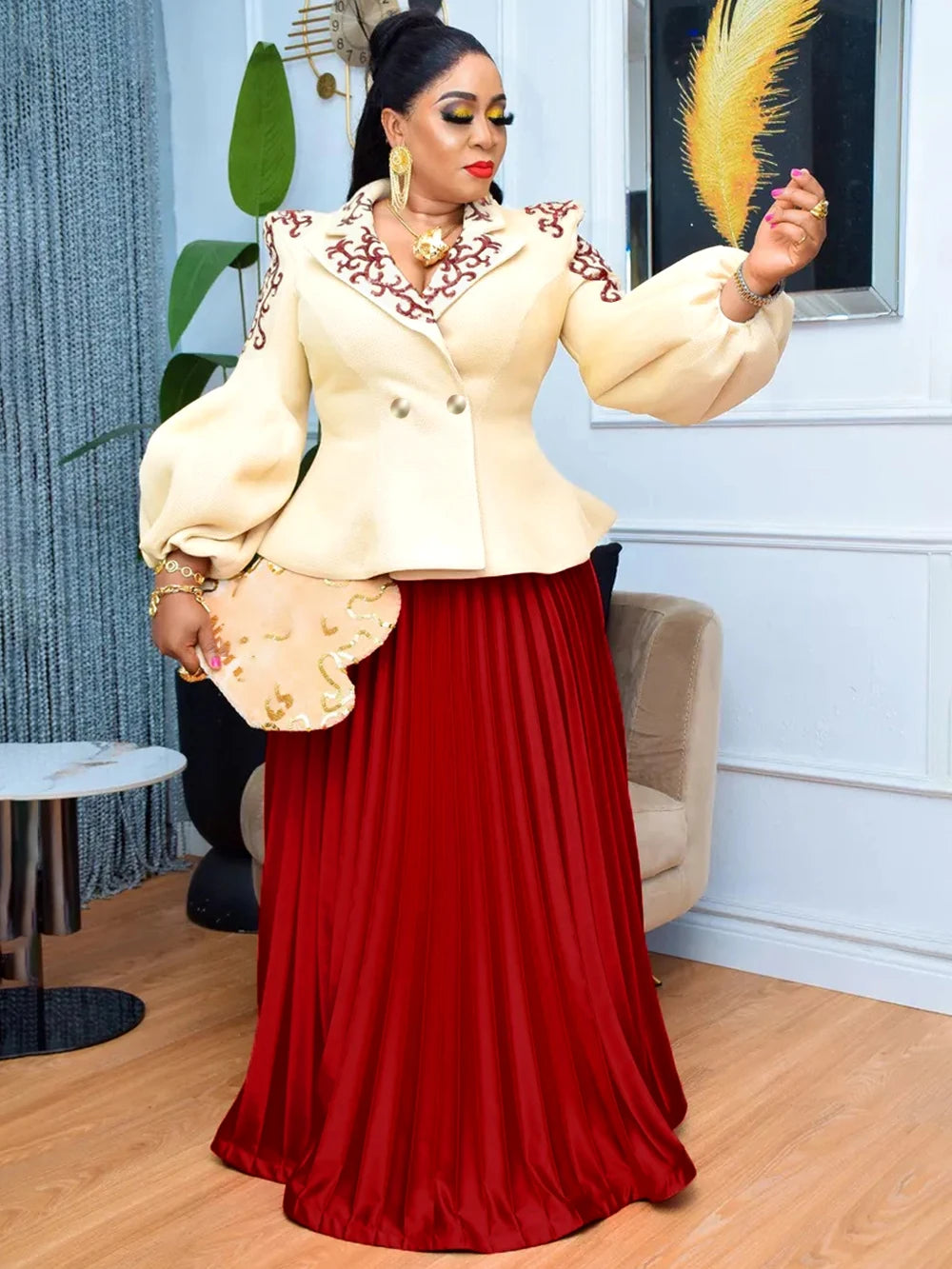 African Clothes For Women 2 Piece Matching Long Sleeve Tops And Pleated Skirt Suit Party Evening Dress Wedding Guest Attire Robe