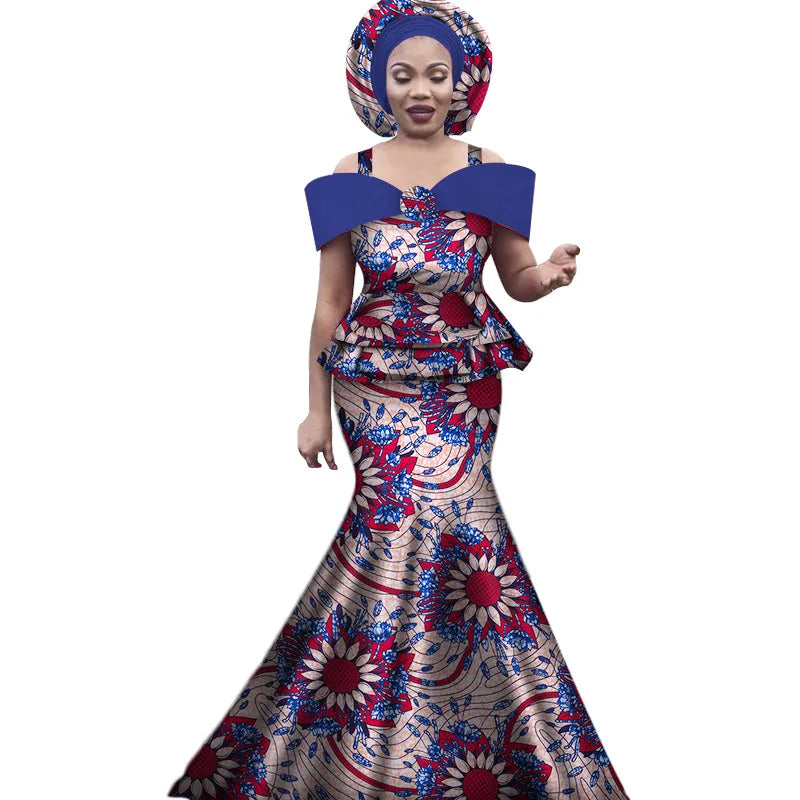African Outfits with Headtie for Women Dashiki Bazin Print Strap Tops and Long Skirts Women Set African Clothing WY3113