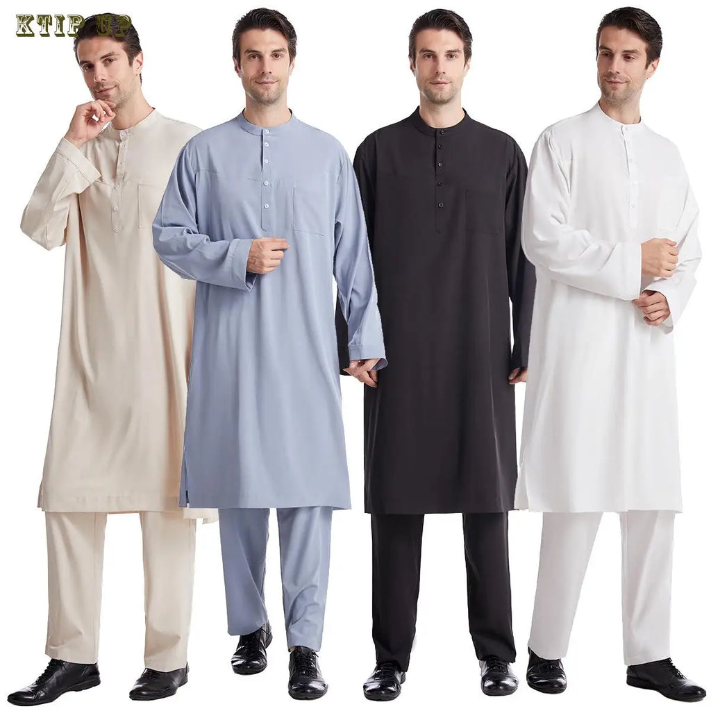 Abaya islamique arabe pour hommes Robe imprimé ethnique col montant chemise mi-longue pour jeunes manteau de luxe vêtements décontractés pour hommes musulmans à la mode