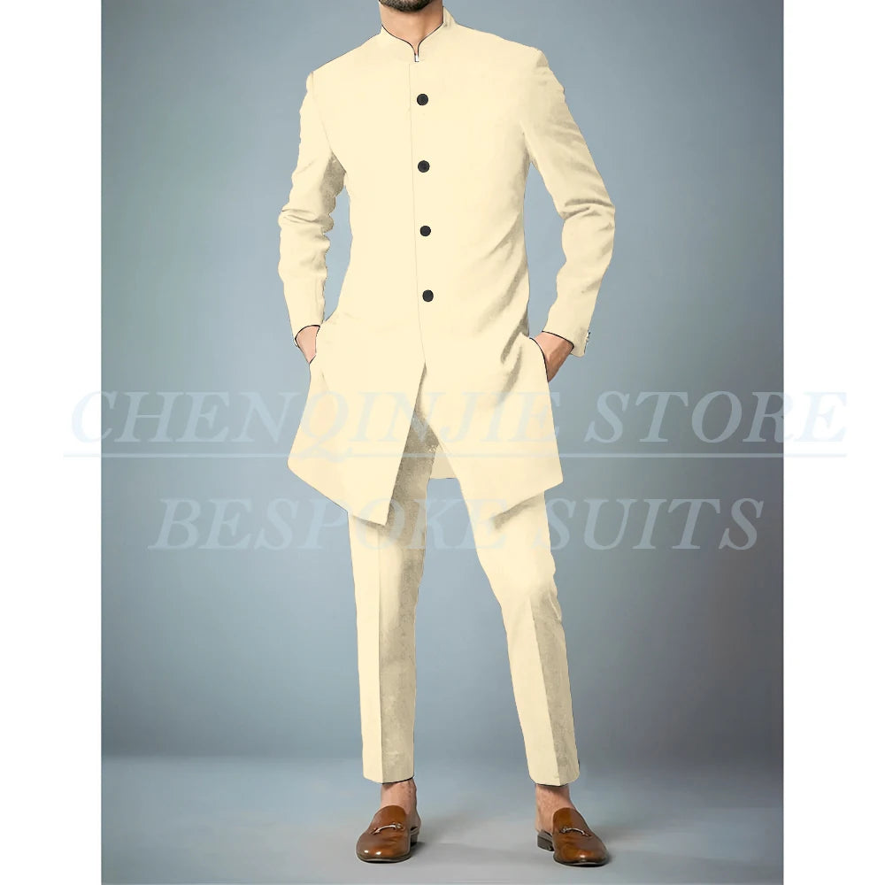 Costumes africains à simple boutonnage pour hommes, vêtements masculins de haute qualité, veste et pantalon, coupe couvertes, revers debout, bleu marine, tenues 2 pièces