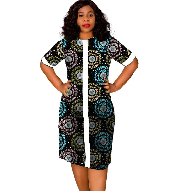 African Fashion O-Neck Dress White&Wax Patchwork Original Design Tailor Made Women's Outfit Colorful Print Female Party Wear