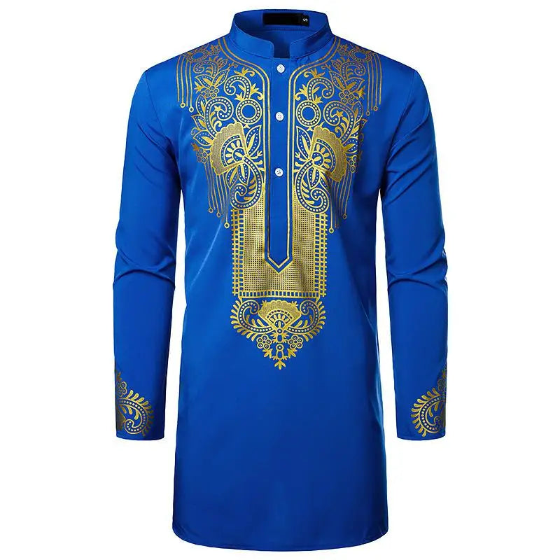 Abaya islamique arabe pour hommes Robe imprimé ethnique col montant chemise mi-longue pour jeunes manteau de luxe vêtements décontractés pour hommes musulmans à la mode