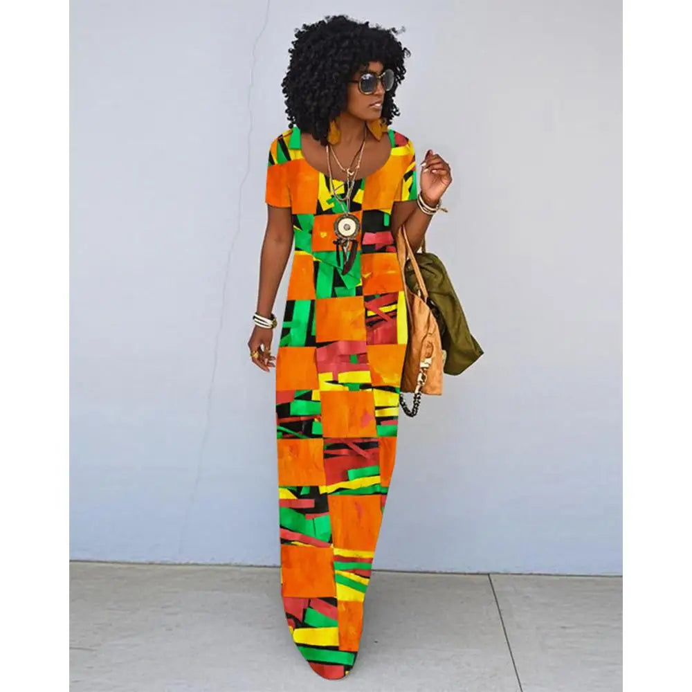 African Ethnic Print Dress For Women Summer Retro Literary Slim Dress Fashionable Daily Travel Loose Short-sleeved Long Dress
