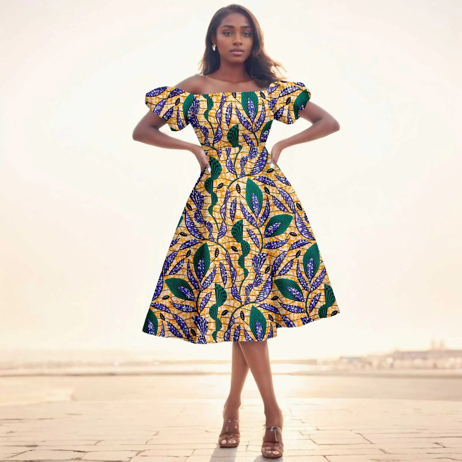 African Dresses for Women Short Sleeve High Waist Print Midi Dress Ankara Attire Traditional Outfit Elegant Fashion Wear 2425102