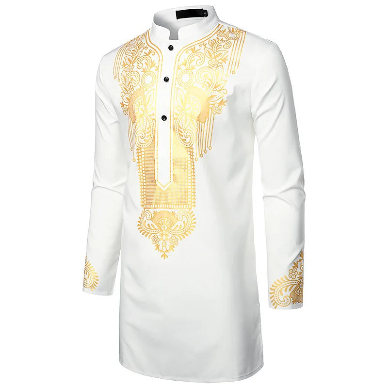 Abaya islamique arabe pour hommes Robe imprimé ethnique col montant chemise mi-longue pour jeunes manteau de luxe vêtements décontractés pour hommes musulmans à la mode