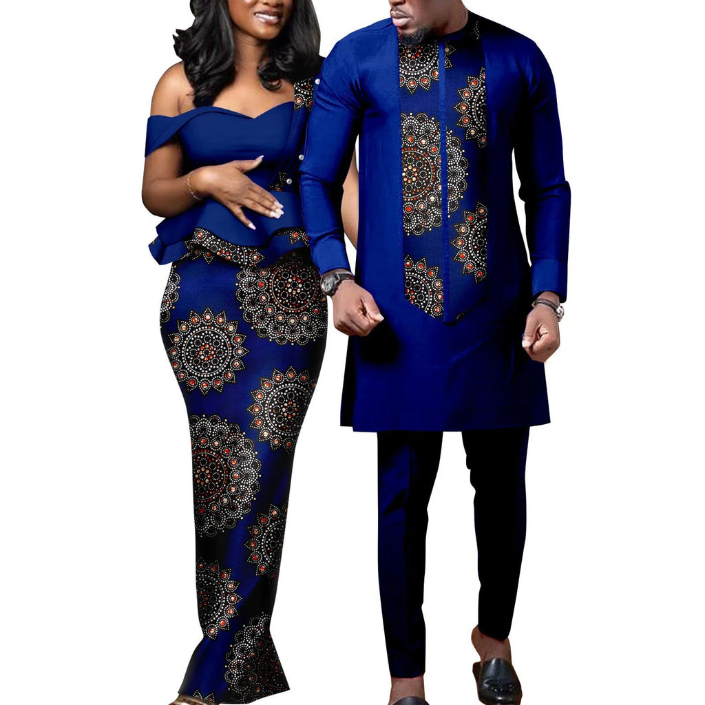 Robes africaines pour femmes, tenues assorties pour couples Bazin Lover, robes de soirée sirène imprimées, ensembles chemise et pantalon pour hommes, tenues de mariage