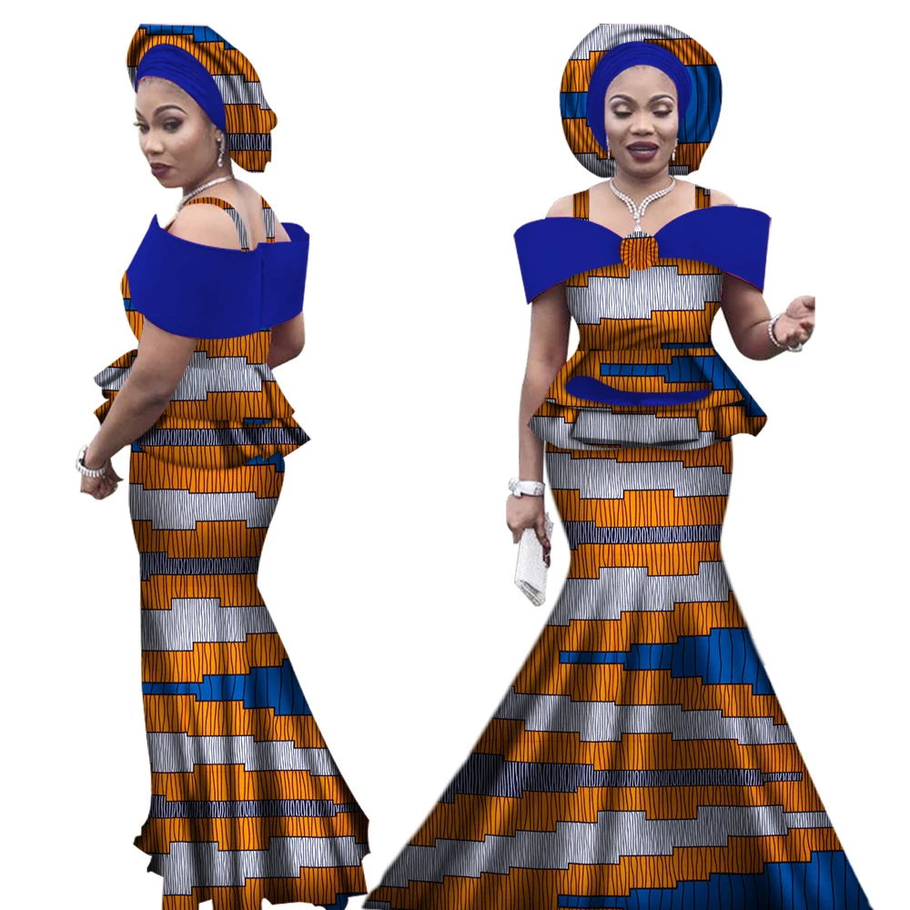 African Outfits with Headtie for Women Dashiki Bazin Print Strap Tops and Long Skirts Women Set African Clothing WY3113