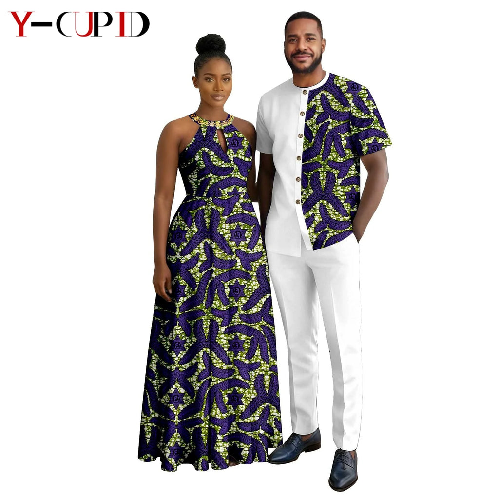Robes africaines à imprimé Halter pour femmes, tenues assorties pour hommes, ensembles chemise et pantalon, vêtements de couple africains pour fête 26C005
