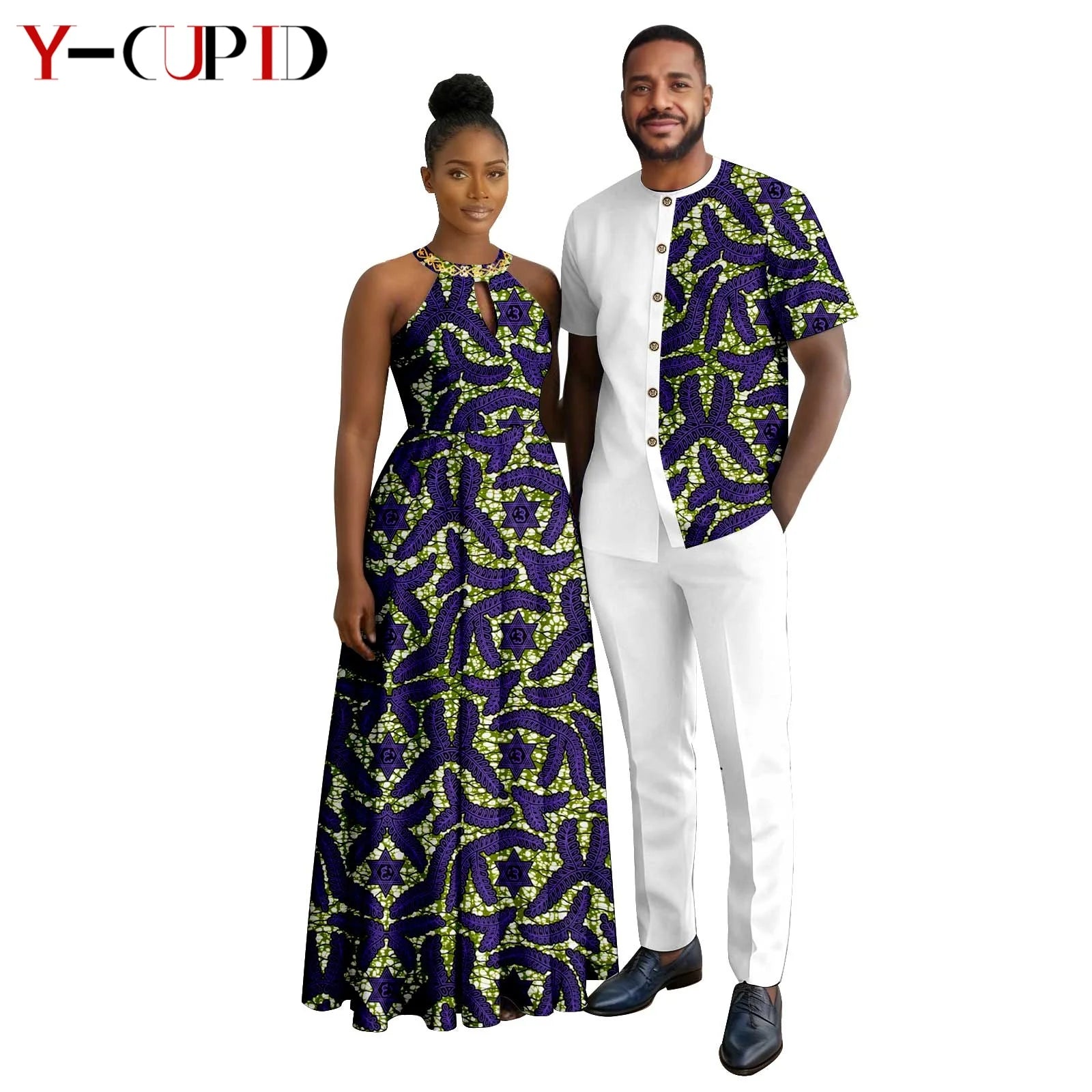 Robes africaines à imprimé Halter pour femmes, tenues assorties pour hommes, ensembles chemise et pantalon, vêtements de couple africains pour fête 26C005