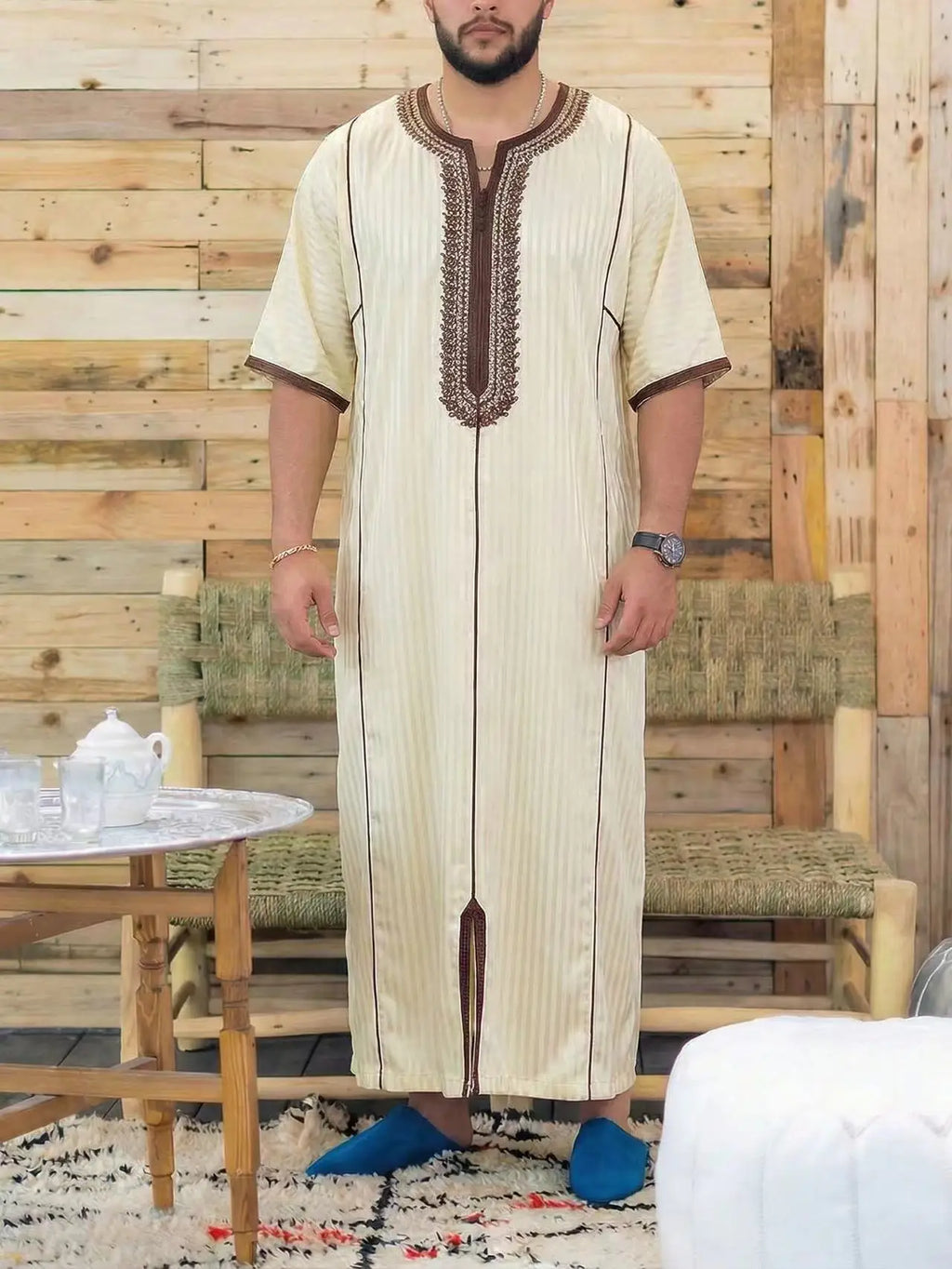 Gandoura marocaine pour hommes musulmans, thobe ample à manches courtes, broderie magnifique, vêtements traditionnels islamiques confortables pour hommes, pour les fêtes