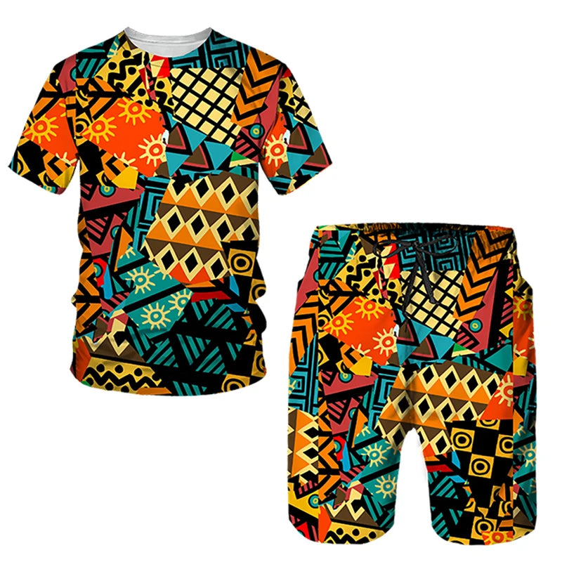 Ensembles de t-shirts et shorts College en 3D de style ethnique africain pour hommes, mode décontractée, t-shirt à manches courtes, olympiques pantalons, vêtements respirants