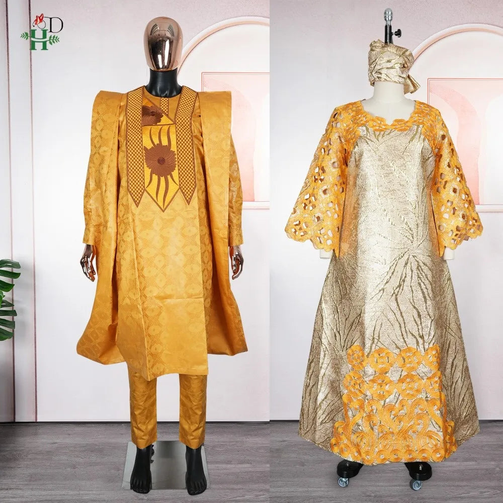 Robes africaines pour couple, tenues assorties or pour femme et homme, broderie traditionnelle Bazin Riche, robe turque, robe de mariage, robe de fête