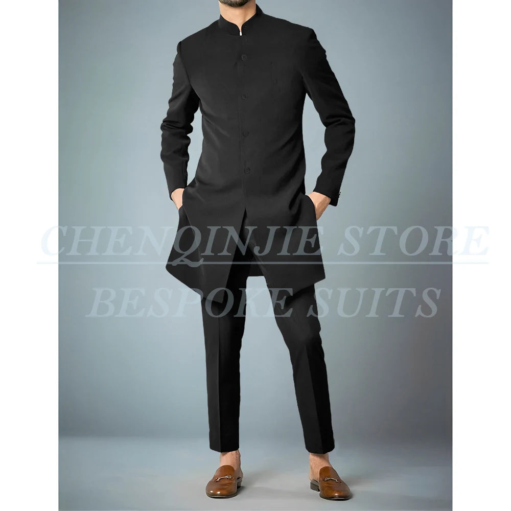 Costumes africains à simple boutonnage pour hommes, vêtements masculins de haute qualité, veste et pantalon, coupe couvertes, revers debout, bleu marine, tenues 2 pièces