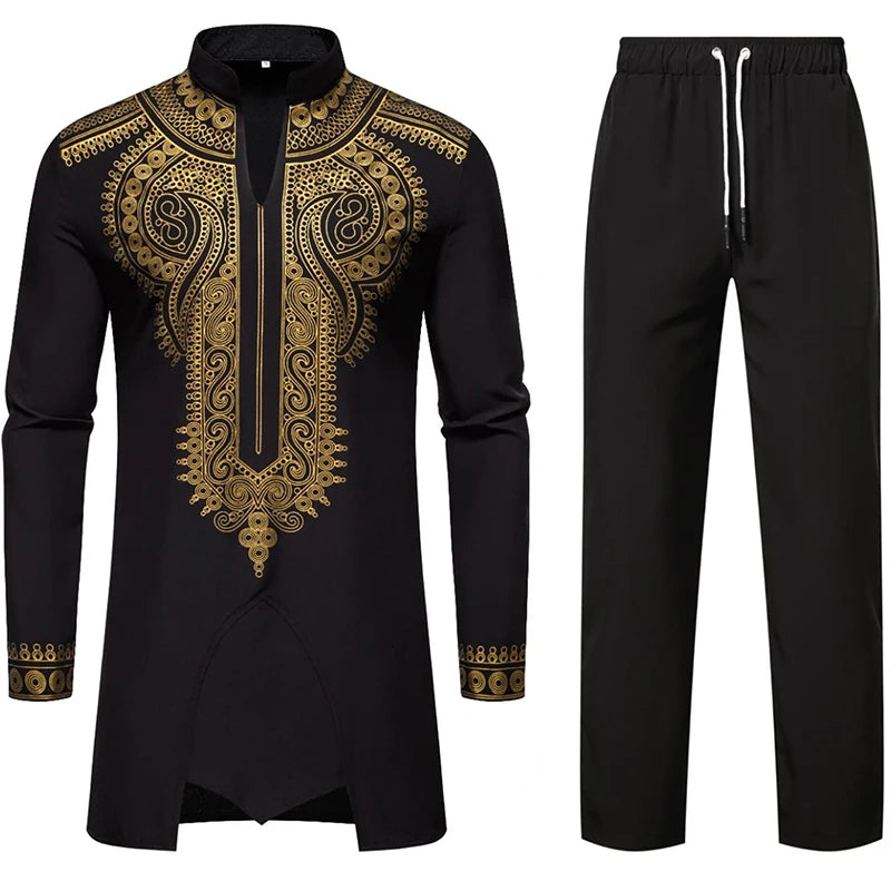 Ensemble de Robe imprimé africain à col montant pour hommes, noir/blanc, tenue de chef Tribal du moyen-orient de saphir, haut + pantalon, 2 pièces, 2026
