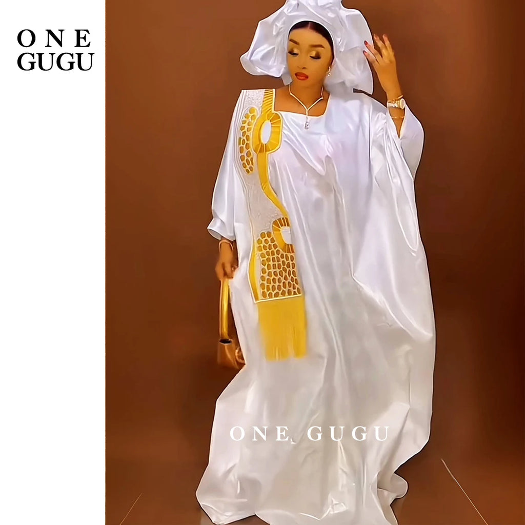 African Traditional Wedding Bazin Riche Boubou And Scarf With Tassels White And Gold Embroidery Basin Dashiki Nigerian Dresses
