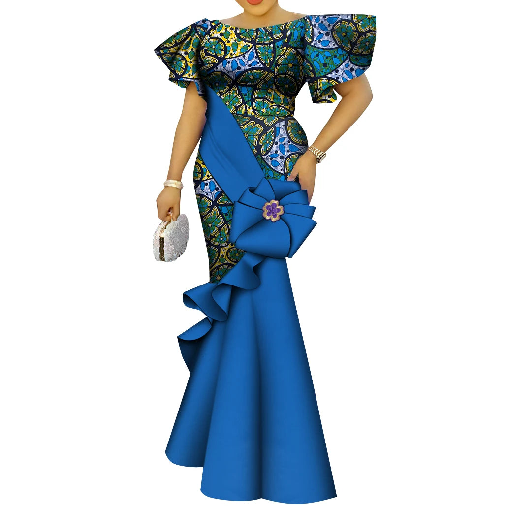 African Women's Dress Elegant Ladies Evening Gowns Ankara Long Robes Flower Dresses Vestidos Church Dresses for Women WY9498