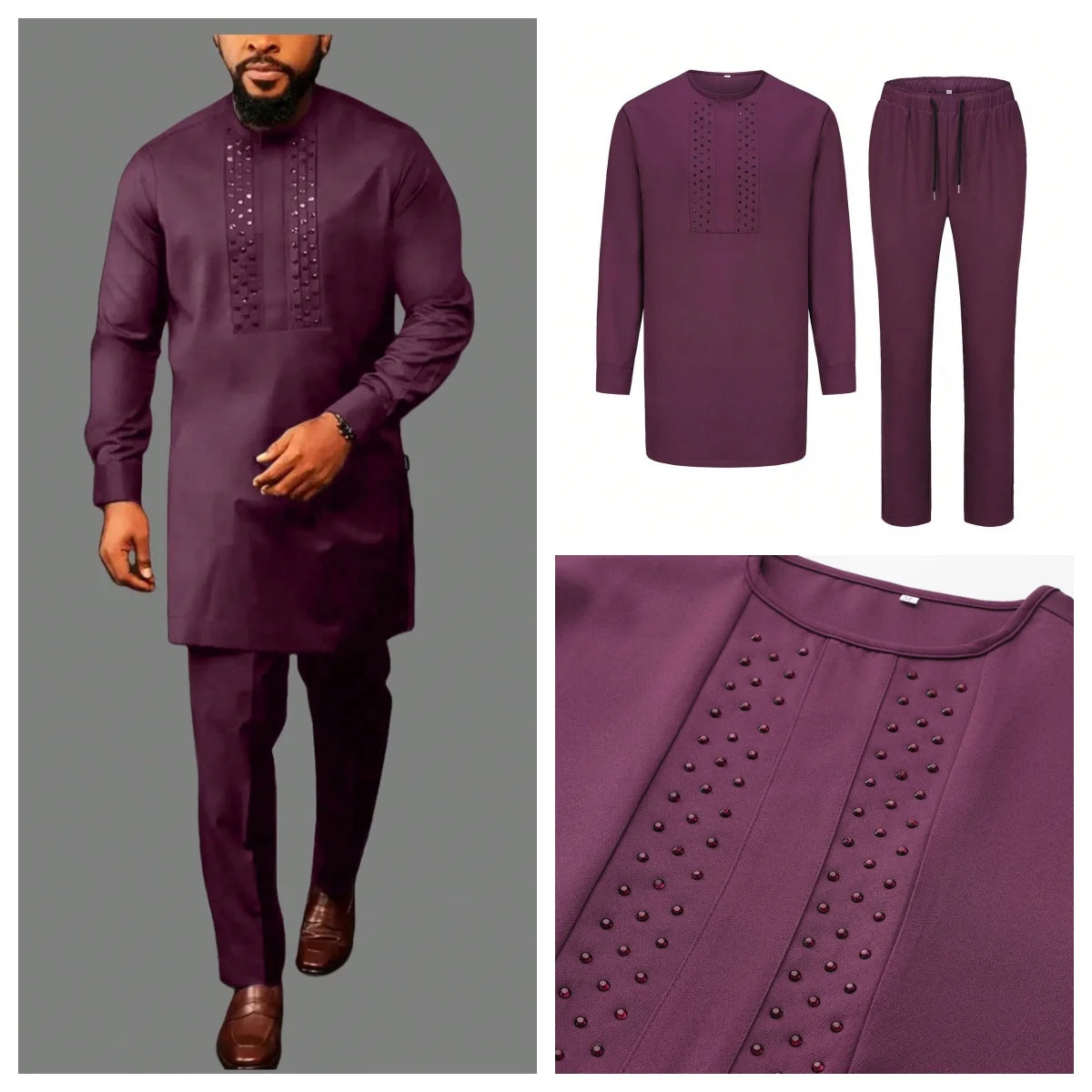 Vêtements pour hommes africains costume deux pièces pantalon ensemble col rond couture couleur unie manches longues Festival Style ethnique social