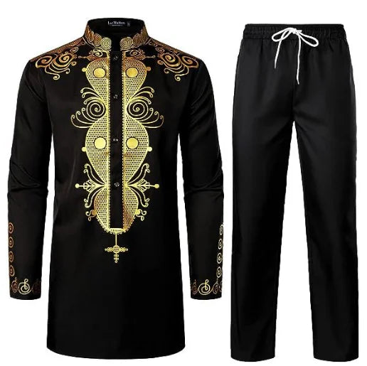 Chemise africaine à manches longues pour hommes, chemise à col chinois imprimé en métal doré, ensemble deux pièces pour Festival National traditionnel de mariage