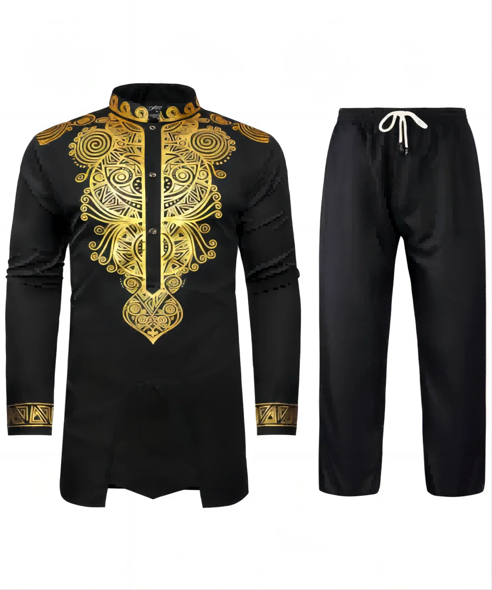 Chemise africaine à manches longues pour hommes, chemise à col chinois imprimé en métal doré, ensemble deux pièces pour Festival National traditionnel de mariage