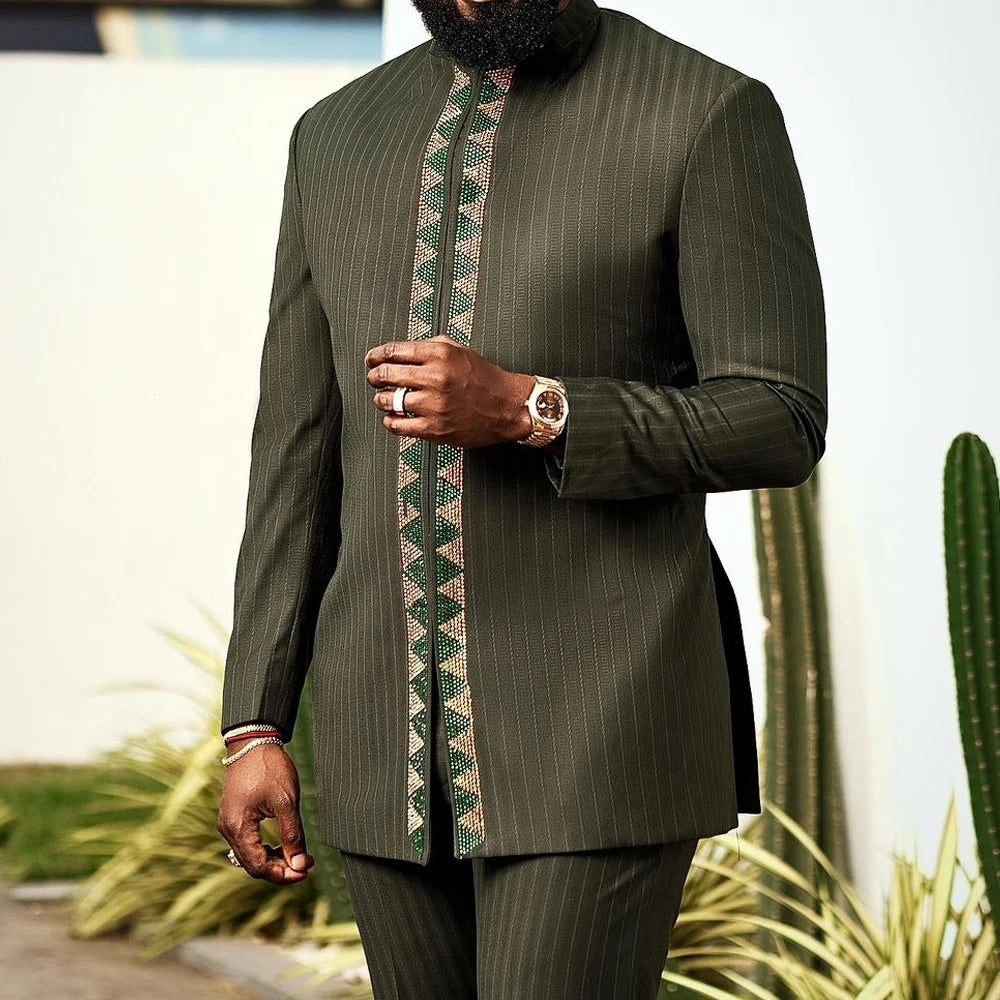 Ensemble Kaftan pour homme, costume Kaunda, haut à col rond à manches longues, pantalon, tenue traditionnelle africaine pour homme, ensemble de vêtements 2 pièces, ensembles de mariage, décontracté