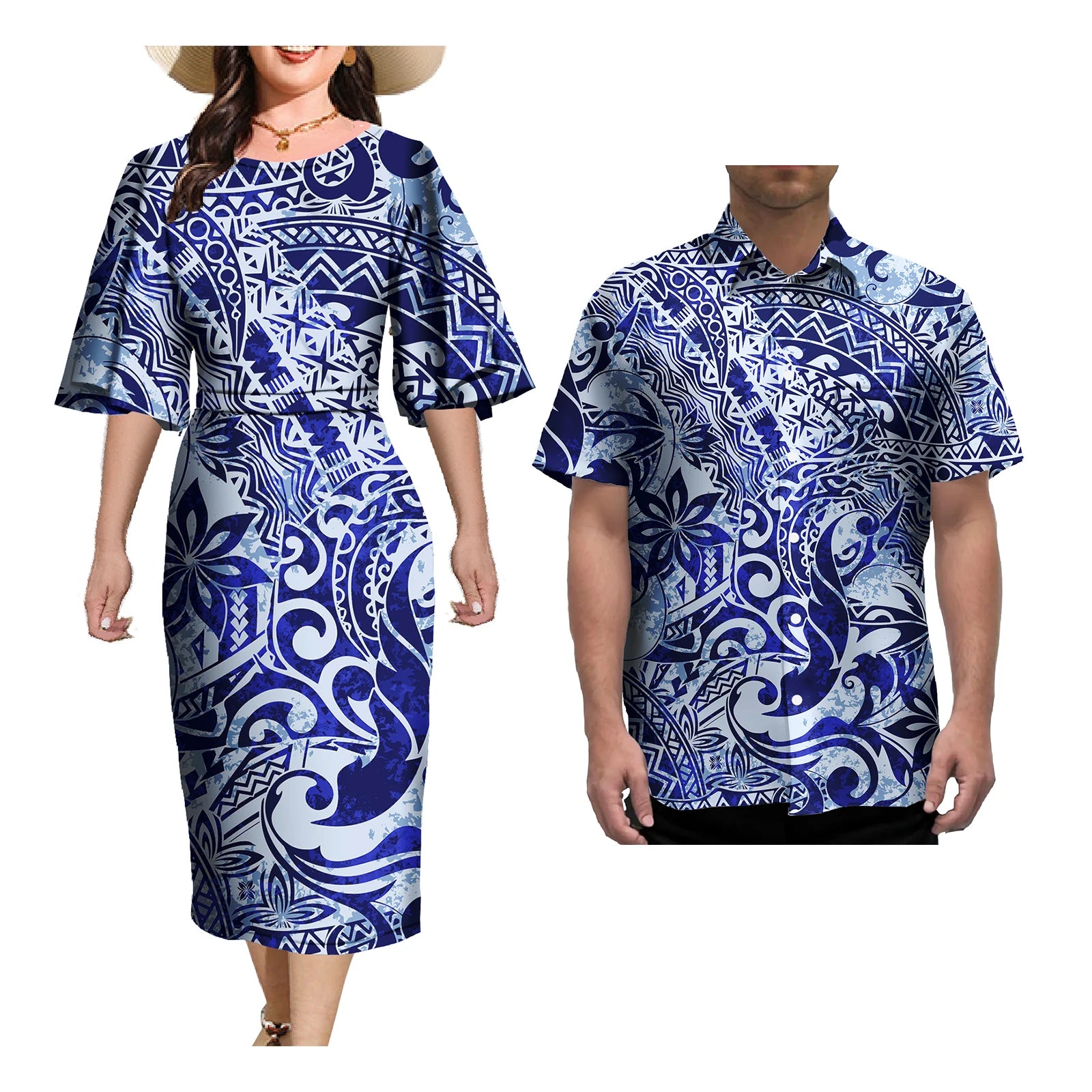 Ensemble de Tenue de Couple pour Femme et Homme, Robes Élégantes, Jupe Sexy, Tatouage Samoa, Imprimé, Décontracté, Assortie