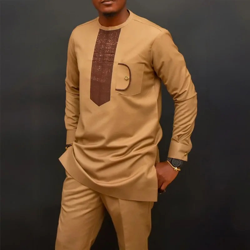 Costume de mariage traditionnel africain musulman pour homme, ensemble 2 pièces, haut à col rond à manches longues et pantalon, tenue formelle pour le marié118