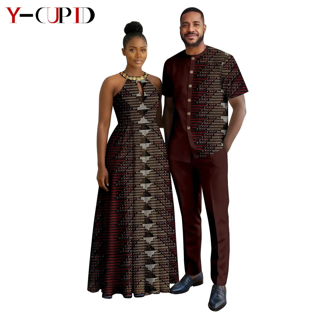 Robes africaines à imprimé Halter pour femmes, tenues assorties pour hommes, ensembles chemise et pantalon, vêtements de couple africains pour fête 26C005