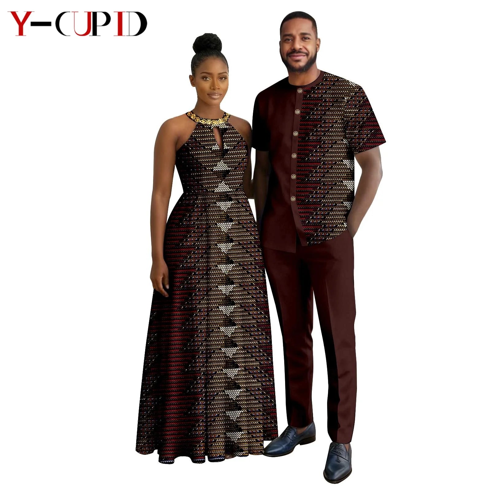 Robes africaines à imprimé Halter pour femmes, tenues assorties pour hommes, ensembles chemise et pantalon, vêtements de couple africains pour fête 26C005