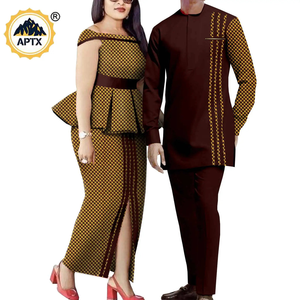 Tenues de couple assorties pour hommes, ensembles chemises et pantalons, robes africaines Dashiki pour femmes, haut et jupes fendues pour mariage, Y23C006