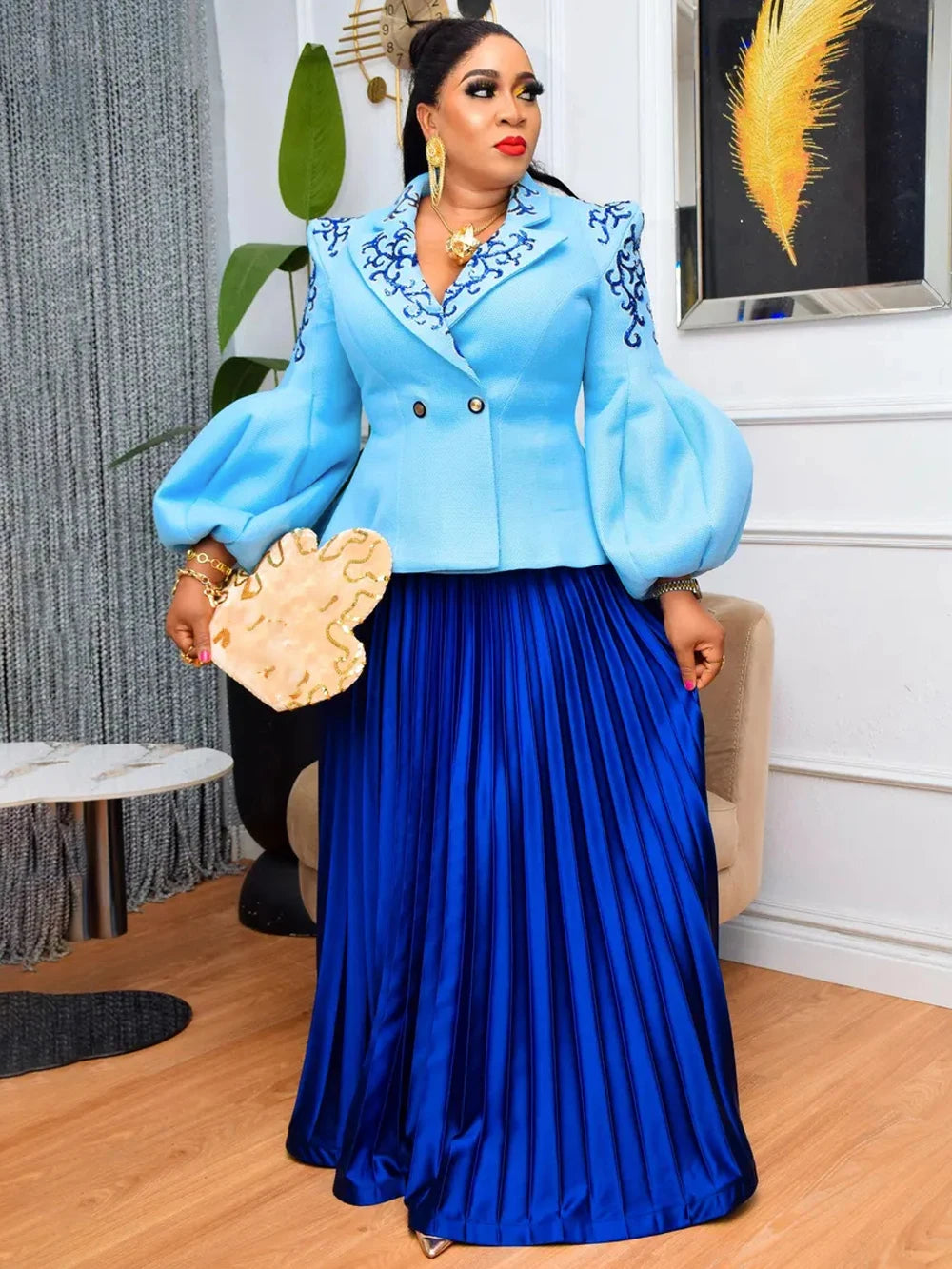 African Clothes For Women 2 Piece Matching Long Sleeve Tops And Pleated Skirt Suit Party Evening Dress Wedding Guest Attire Robe