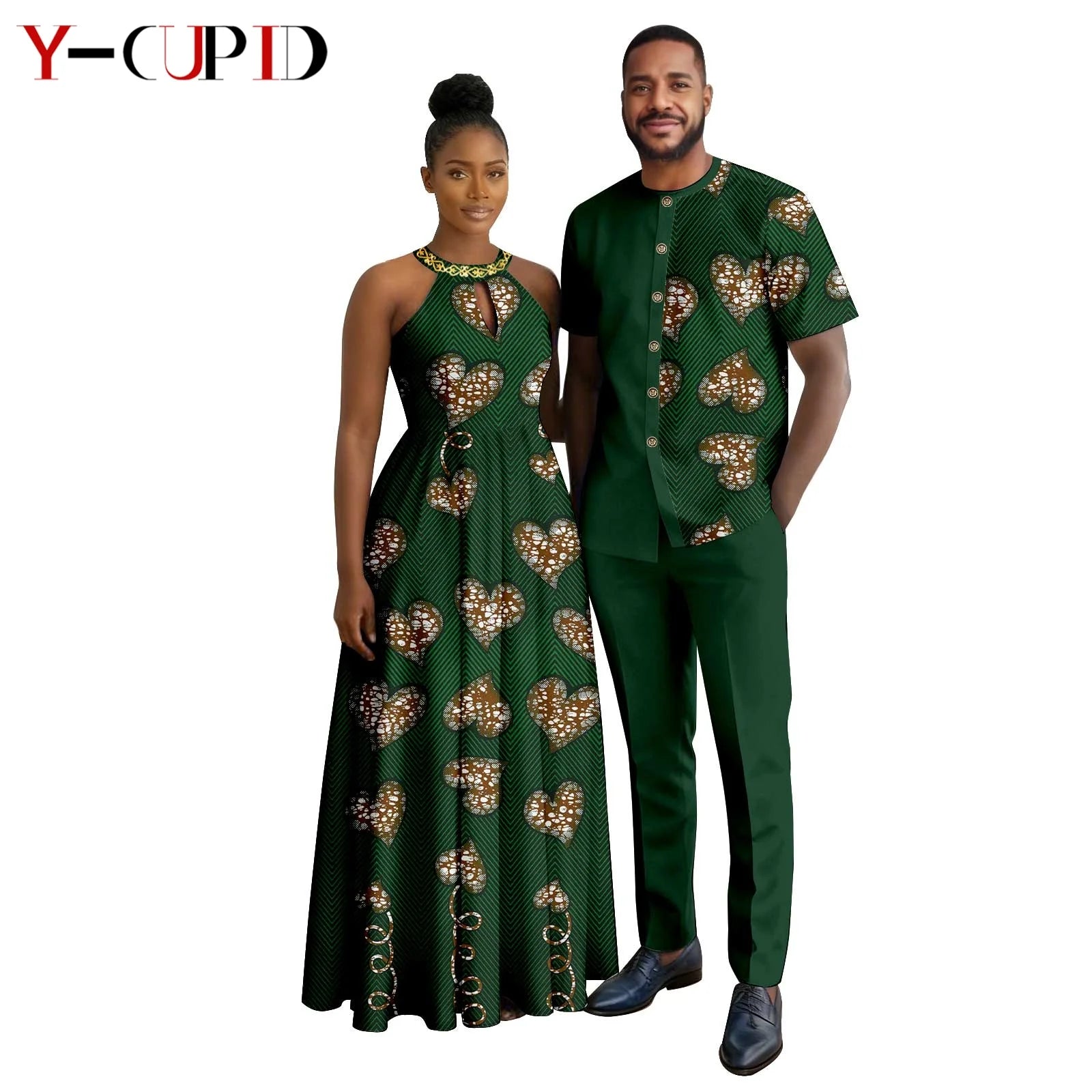 Robes africaines à imprimé Halter pour femmes, tenues assorties pour hommes, ensembles chemise et pantalon, vêtements de couple africains pour fête 26C005