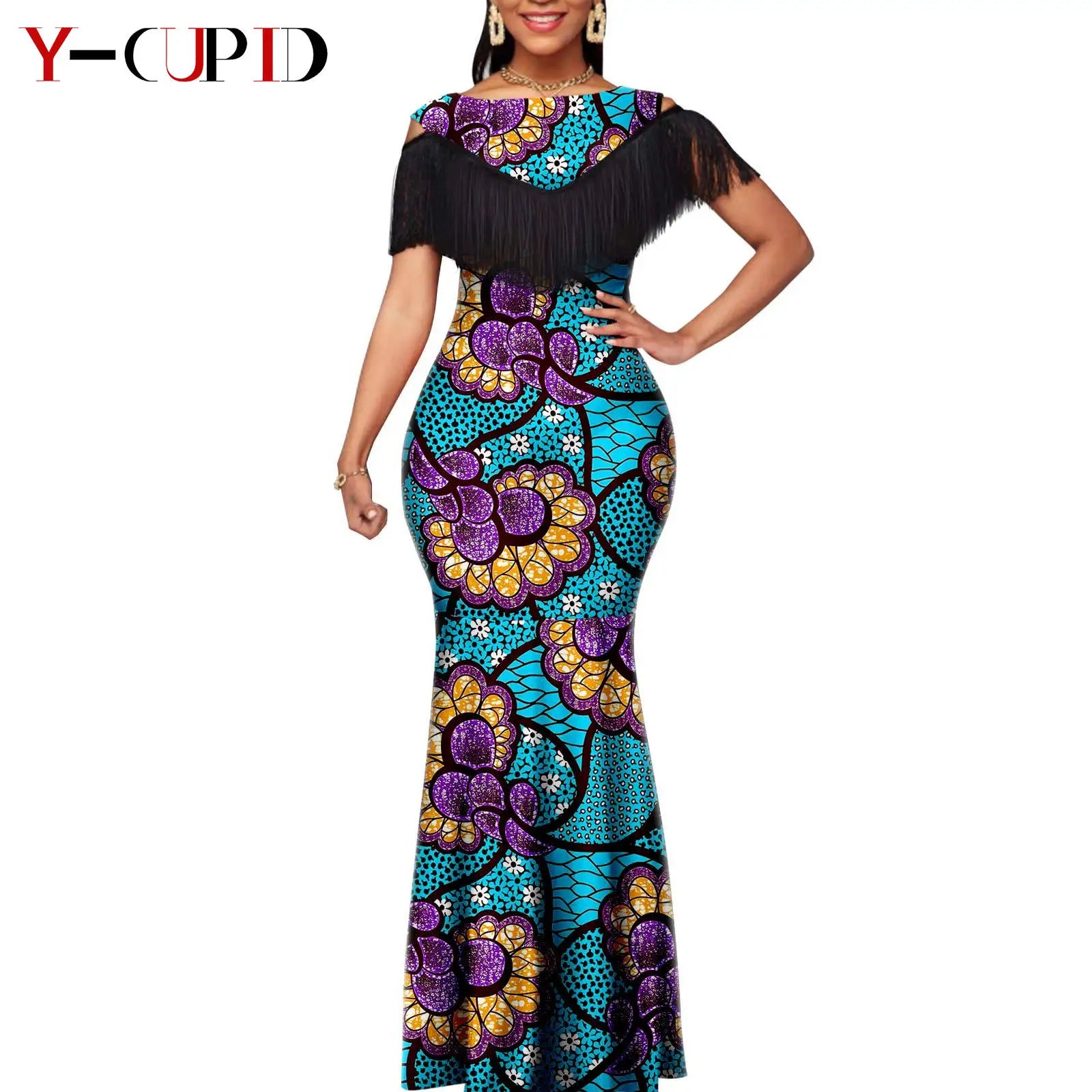 African Dresses for Women Matching Couple Outfits Bazin Riche Dashiki Slim Tassel Print Long Dresses for Party Vestidos Y23C009