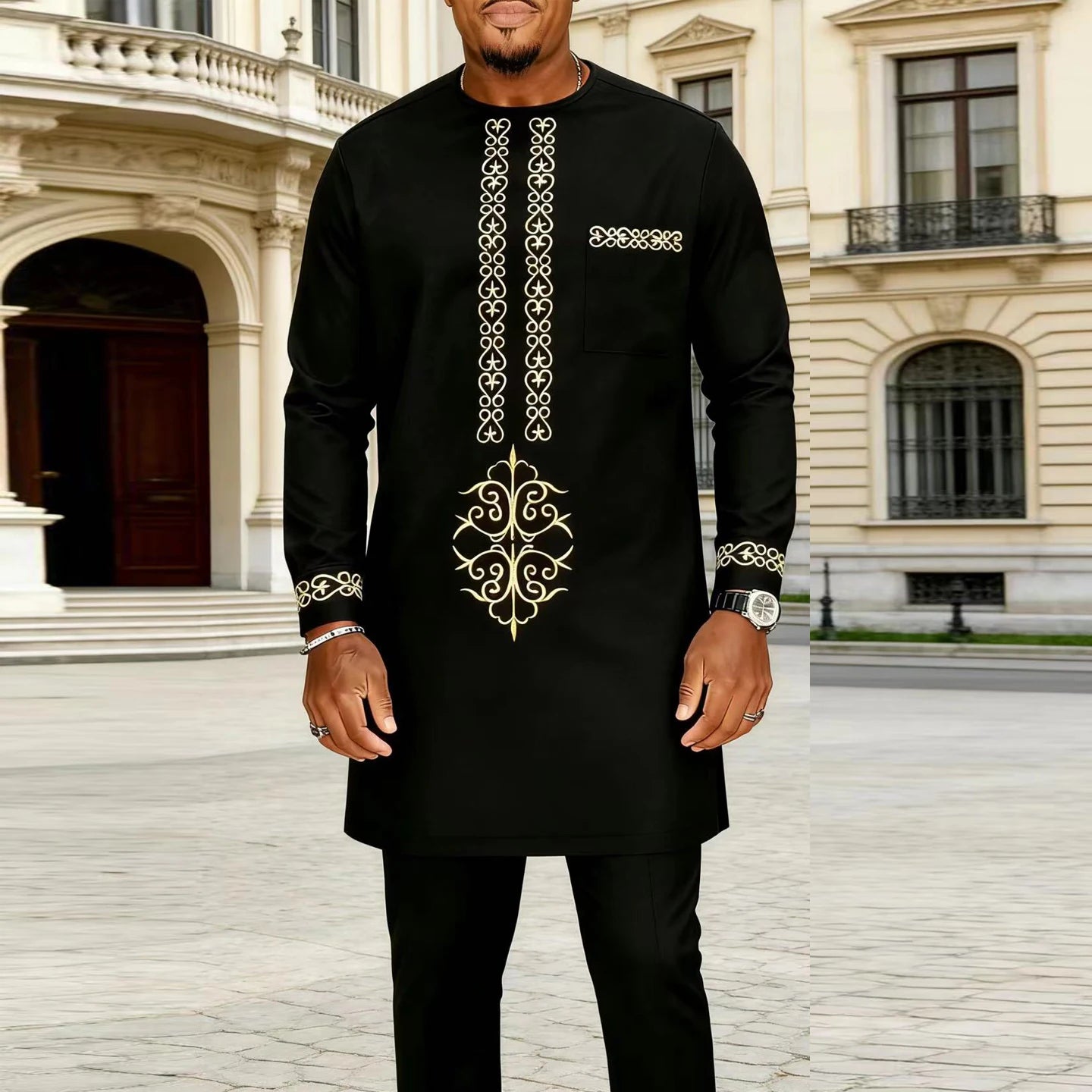Ensemble Kaftan pour homme, costume Kaunda, haut à col rond à manches longues, pantalon, tenue traditionnelle africaine pour homme, ensemble de vêtements 2 pièces, ensembles de mariage, décontracté