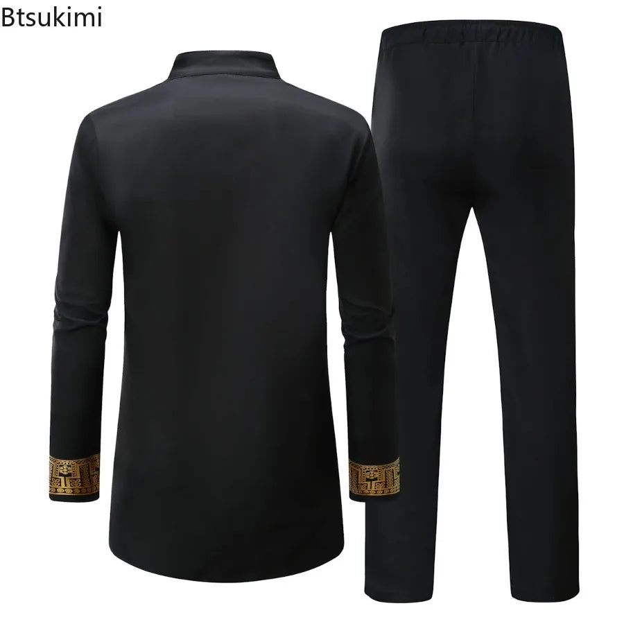 Vêtements traditionnels pour hommes, ensembles africains deux pièces, chemises à manches longues à col montant imprimées, pantalons, streetwear 2026, tenue ethnique africaine