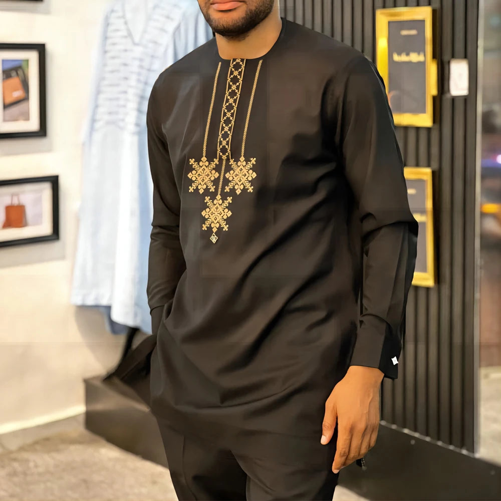 Ensemble Kaftan pour homme, costume Kaunda, haut à col rond à manches longues, pantalon, tenue traditionnelle africaine pour homme, ensemble de vêtements 2 pièces, ensembles de mariage, décontracté