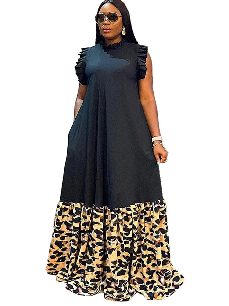 Long African Maxi Dress Women Leopard Print Patchwork Robes Africa Clothing Summer New Fashion Streetwear African Dress Vestidos