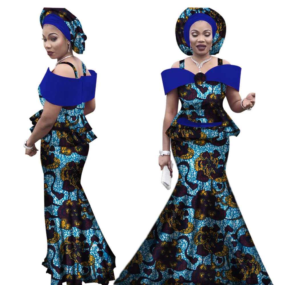African Outfits with Headtie for Women Dashiki Bazin Print Strap Tops and Long Skirts Women Set African Clothing WY3113