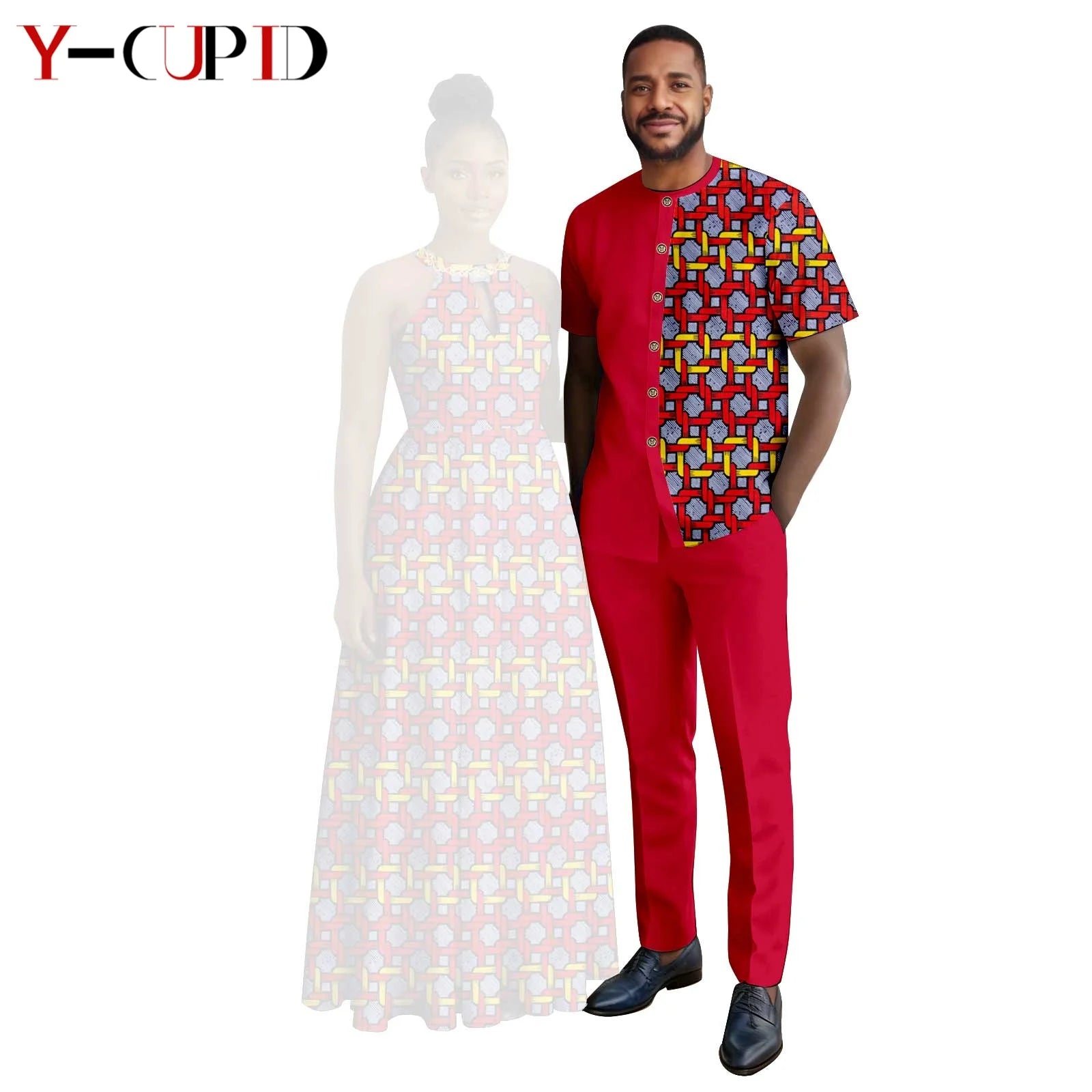 Robes africaines à imprimé Halter pour femmes, tenues assorties pour hommes, ensembles chemise et pantalon, vêtements de couple africains pour fête 26C005