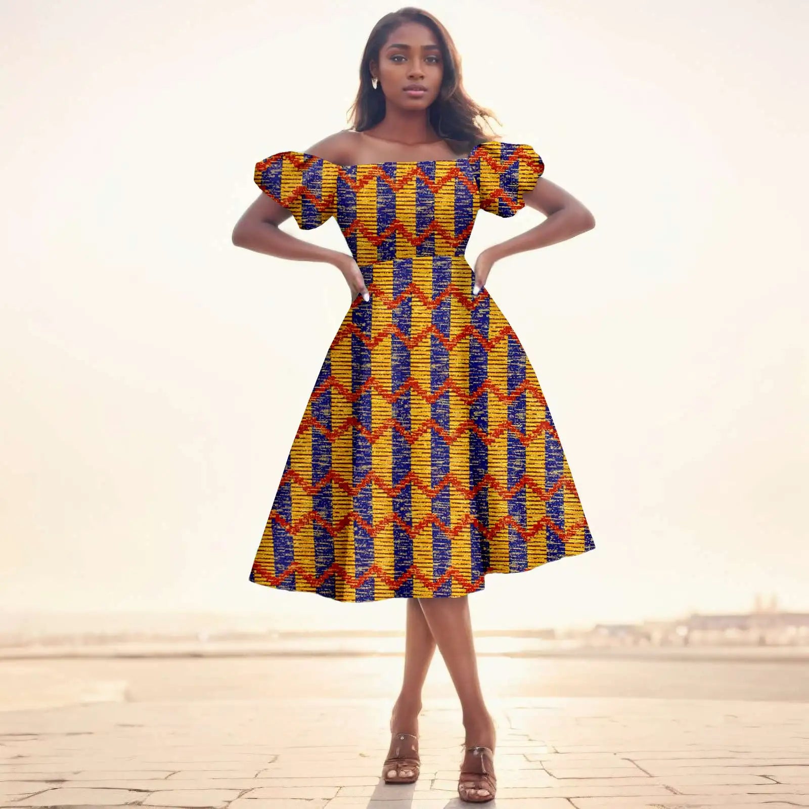 African Dresses for Women Short Sleeve High Waist Print Midi Dress Ankara Attire Traditional Outfit Elegant Fashion Wear 2425102