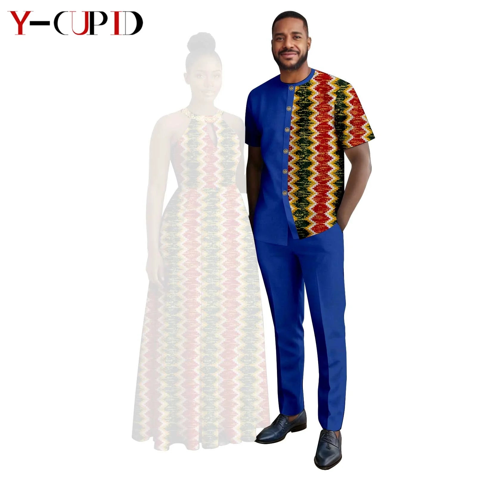 Robes africaines à imprimé Halter pour femmes, tenues assorties pour hommes, ensembles chemise et pantalon, vêtements de couple africains pour fête 26C005