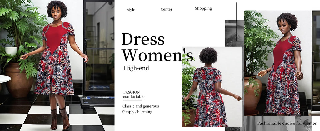 African Dresses for Women Ankara Fashion Patchwork Knee Length Pleated Lady Dresses Vintage Maxi Women V-neck Dress WY9273