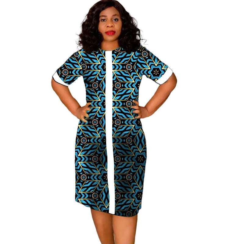 African Fashion O-Neck Dress White&Wax Patchwork Original Design Tailor Made Women's Outfit Colorful Print Female Party Wear