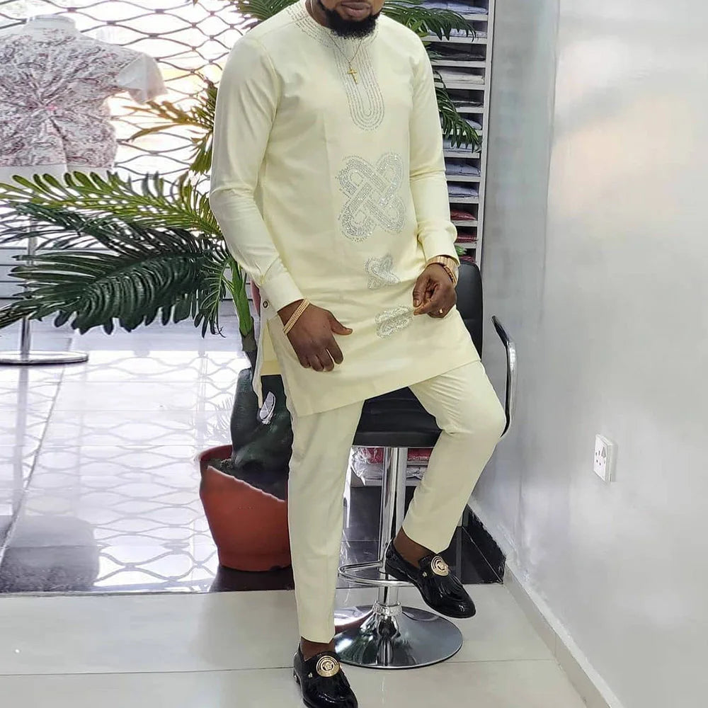 2025 hommes africains Dashiki à manches longues 2 pièces ensemble tenue traditionnelle afrique vêtements blanc hommes costume homme chemise pantalon costumes