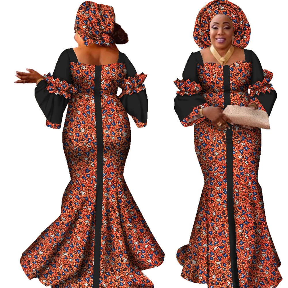 African Dresses for Women Fashion Design New African Bazin Fashion Design Dress Long Dress with Scarf African Clothes WY2347