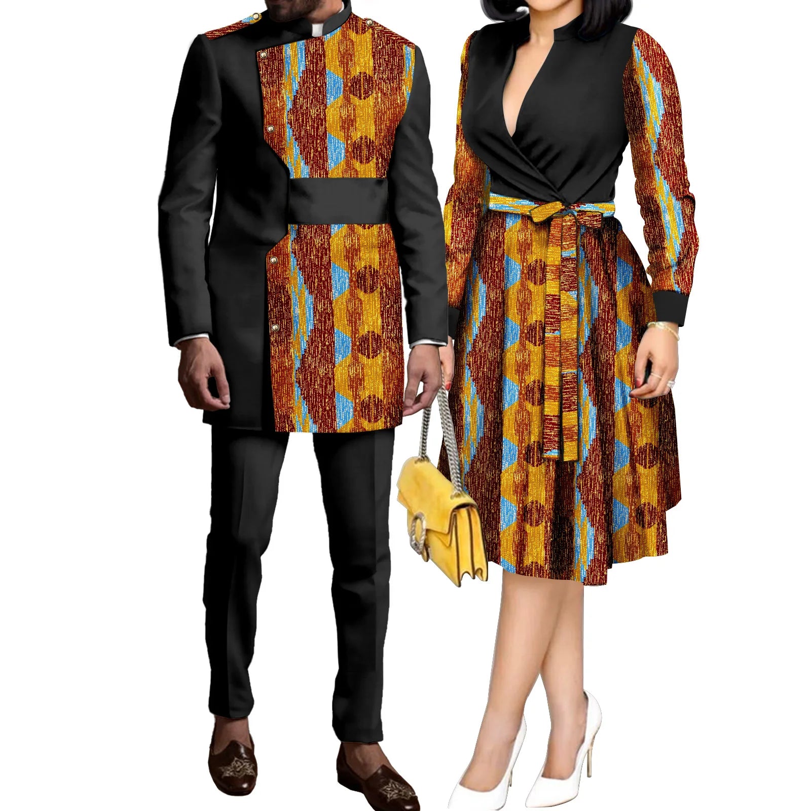 SEA&ALP Tenues de couple africaines imprimées Kente pour mariage, ensemble Dashiki africain pour homme à manches longues et pantalon, robes assorties pour femme