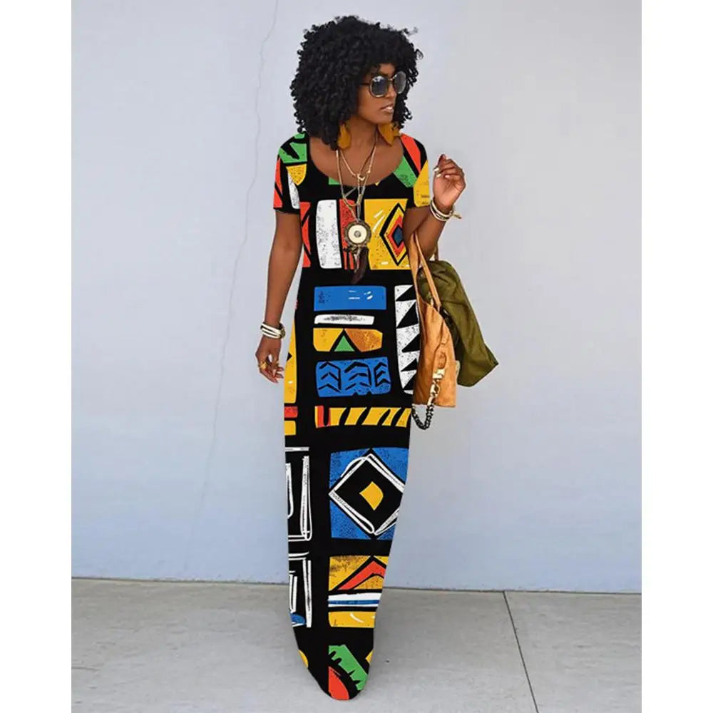 African Ethnic Print Dress For Women Summer Retro Literary Slim Dress Fashionable Daily Travel Loose Short-sleeved Long Dress